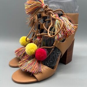 Rebecca‎ Minkoff Tan Leather Tassel Pom Pom Lace Up Block Heel Sandals Womens 6M